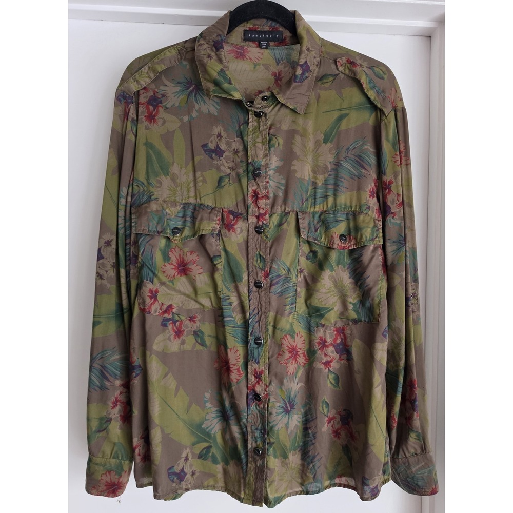 Sanctuary Women XS Floral Blouse Green Brown Collared Long Sleeve Top Boho
